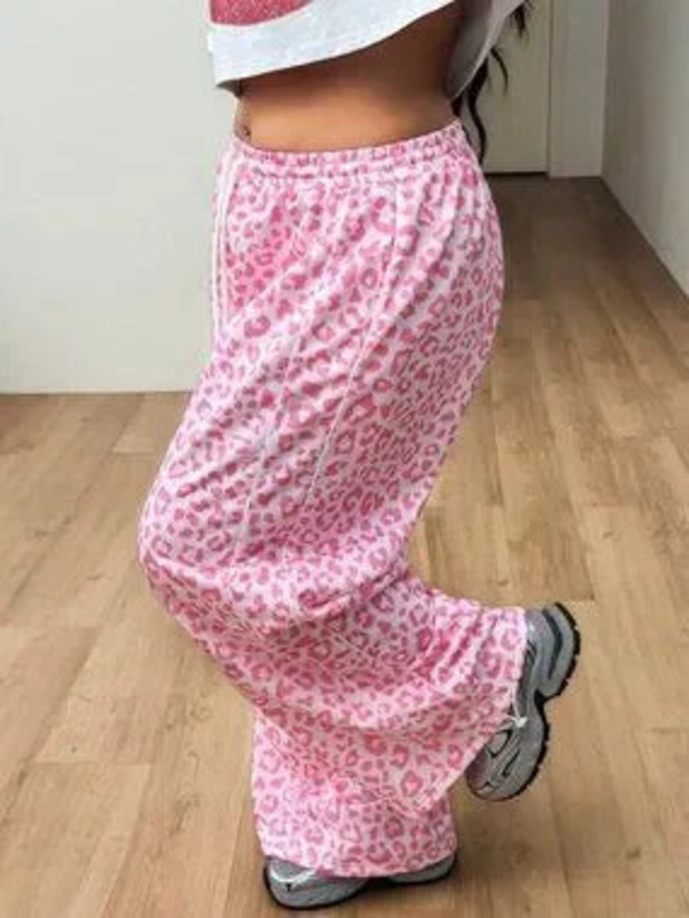 Baby Pink Casual Women's Plus Size Baggy Wide Leg Leopard Print Sweatpants
